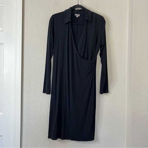 J. Jill Wearever Black Dress Long Sleeve Faux Wrap Size Medium Knee Length - Picture 2 of 8